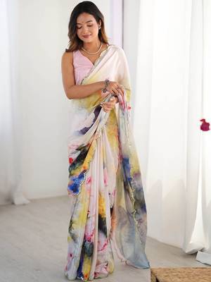 White floral sequinned pure chiffon designer saree 1