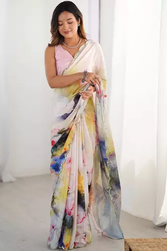 White floral sequinned pure chiffon designer saree