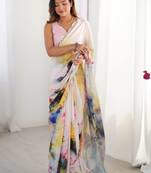 White floral sequinned pure chiffon designer saree