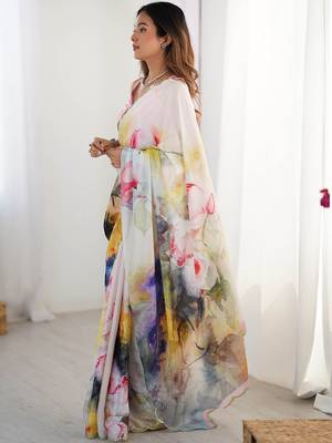 White floral sequinned pure chiffon designer saree 2