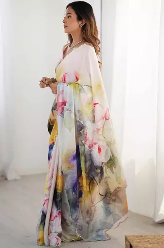 White floral sequinned pure chiffon designer saree