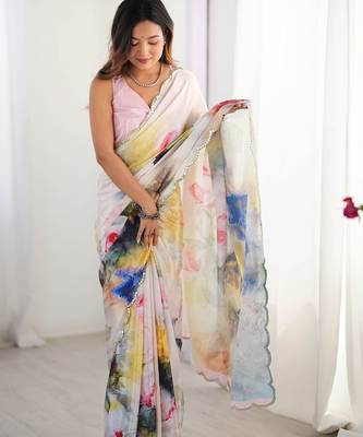 White floral sequinned pure chiffon designer saree 4
