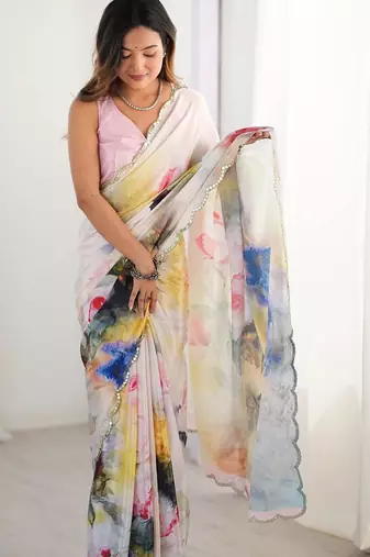 White floral sequinned pure chiffon designer saree