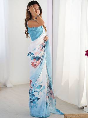 White floral sequinned pure chiffon saree 2
