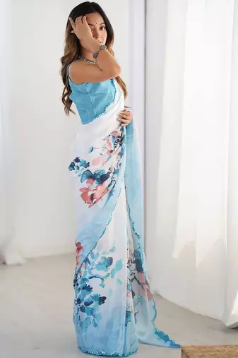 White floral sequinned pure chiffon saree
