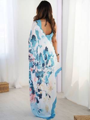 White floral sequinned pure chiffon saree 3