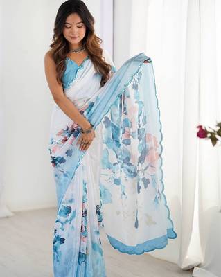 White floral sequinned pure chiffon saree 4