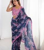 Blue floral sequinned pure chiffon designer saree