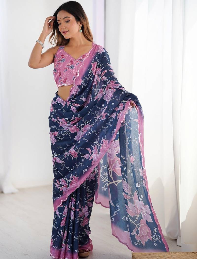 Blue floral sequinned pure chiffon designer saree