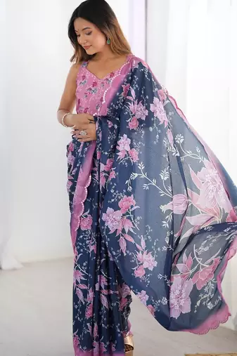 Blue floral sequinned pure chiffon designer saree