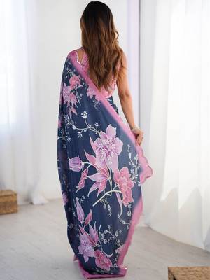Blue floral sequinned pure chiffon designer saree 3