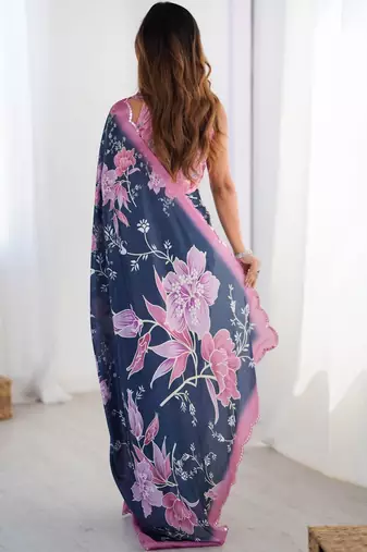 Blue floral sequinned pure chiffon designer saree