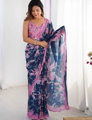 Blue floral sequinned pure chiffon designer saree 4