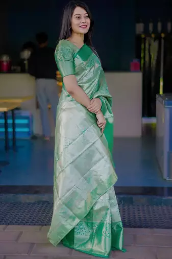 Green floral zari silk blend saree