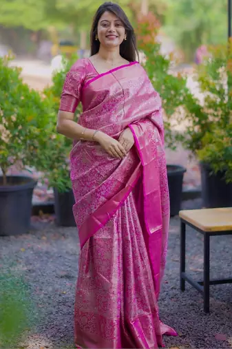 Pink woven design zari silk blend saree