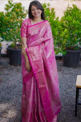 Pink woven design zari silk blend saree