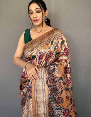 Yellow yellow printed silk blend sarees 3