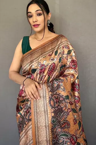 Yellow yellow printed silk blend sarees