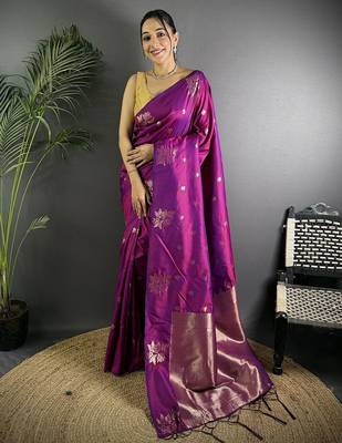 Purple woven design soft lichi silk saree with flower weaving and matching blouse piece 1