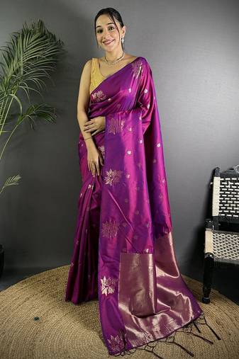 Purple woven design soft lichi silk saree with flower weaving and matching blouse piece