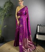 Purple woven design soft lichi silk saree with flower weaving and matching blouse piece