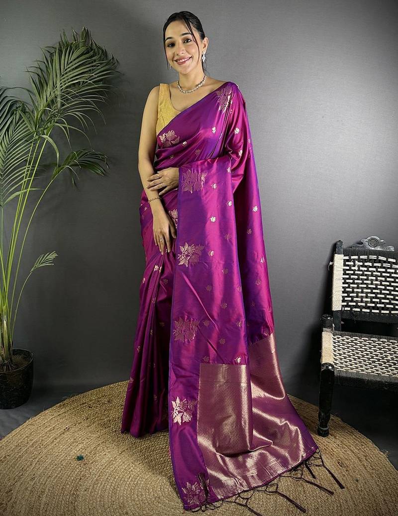 Purple woven design soft lichi silk saree with flower weaving and matching blouse piece