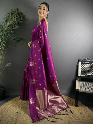 Purple woven design soft lichi silk saree with flower weaving and matching blouse piece 2