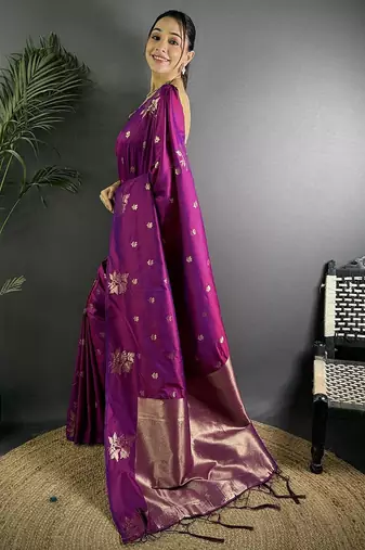 Purple woven design soft lichi silk saree with flower weaving and matching blouse piece