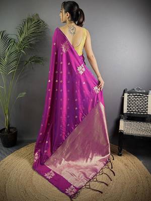 Purple woven design soft lichi silk saree with flower weaving and matching blouse piece 3