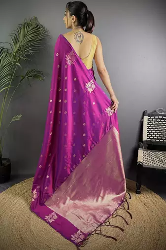 Purple woven design soft lichi silk saree with flower weaving and matching blouse piece