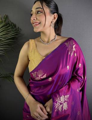 Purple woven design soft lichi silk saree with flower weaving and matching blouse piece 4