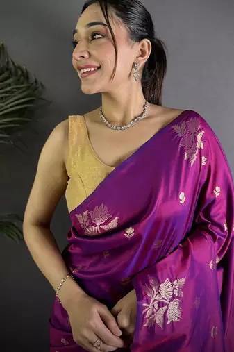 Purple woven design soft lichi silk saree with flower weaving and matching blouse piece