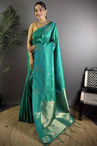 Teal floral woven design zari saree