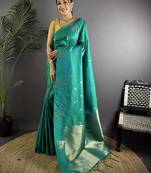 Teal floral woven design zari saree