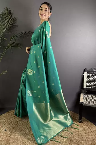 Teal floral woven design zari saree
