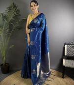 Turquoise woven design saree with flower weaving and matching blouse piece