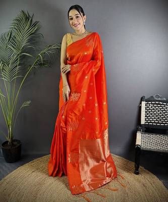 Orange woven design saree with blouse piece 1