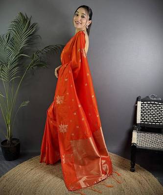 Orange woven design saree with blouse piece 2