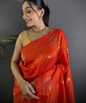 Orange woven design saree with blouse piece 4