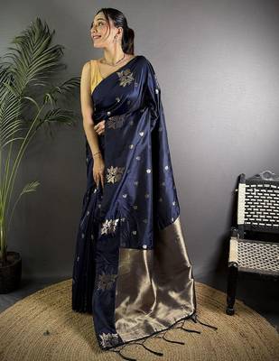Navy blue woven design zari silk saree 1