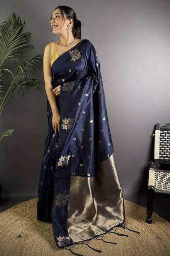 Navy blue woven design zari silk saree