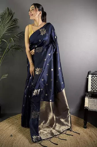 Navy blue woven design zari silk saree