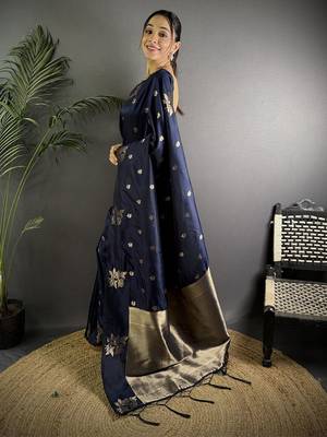 Navy blue woven design zari silk saree 2