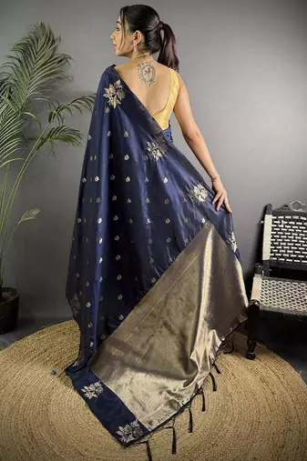 Navy blue woven design zari silk saree