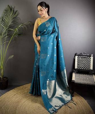 Blue woven design ethnic motifs zari saree 1