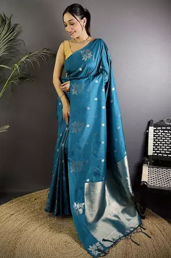 Blue woven design ethnic motifs zari saree