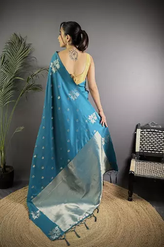 Blue woven design ethnic motifs zari saree