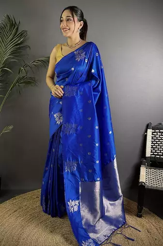 Navy blue woven design saree with blouse piece