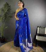 Navy blue woven design saree with blouse piece