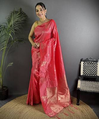 Peach woven design zari saree 1